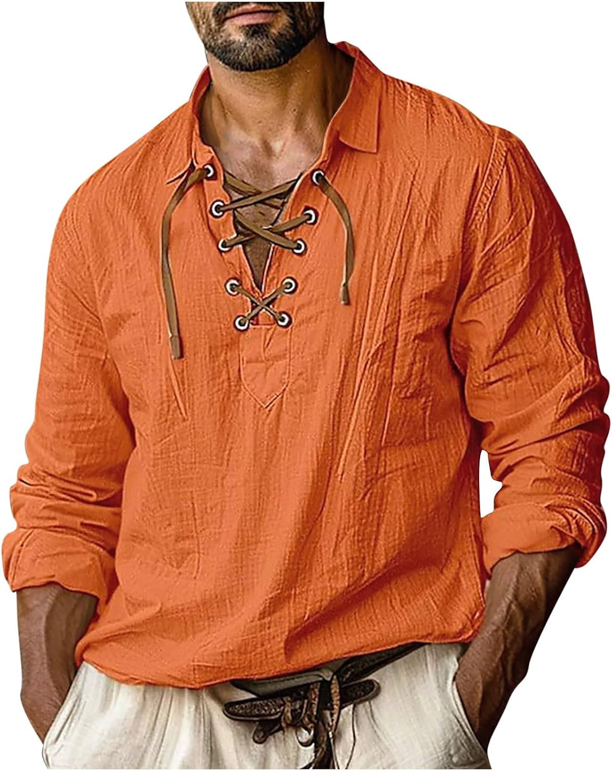 Long Sleeve Shirts for Men Casual Vintage Lace up Collared Cotton